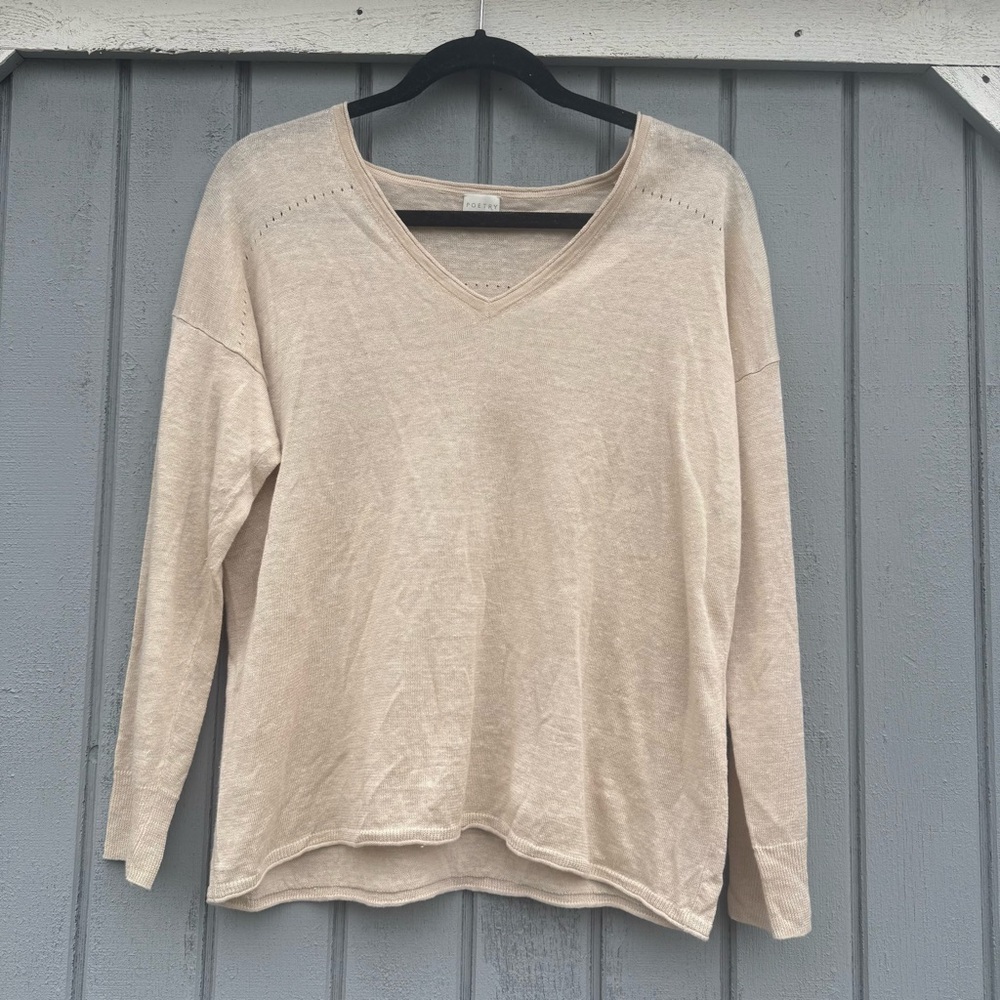 Poetry 100% Linen V-Neck Sweater Top Cream Size US 10 Minimalist